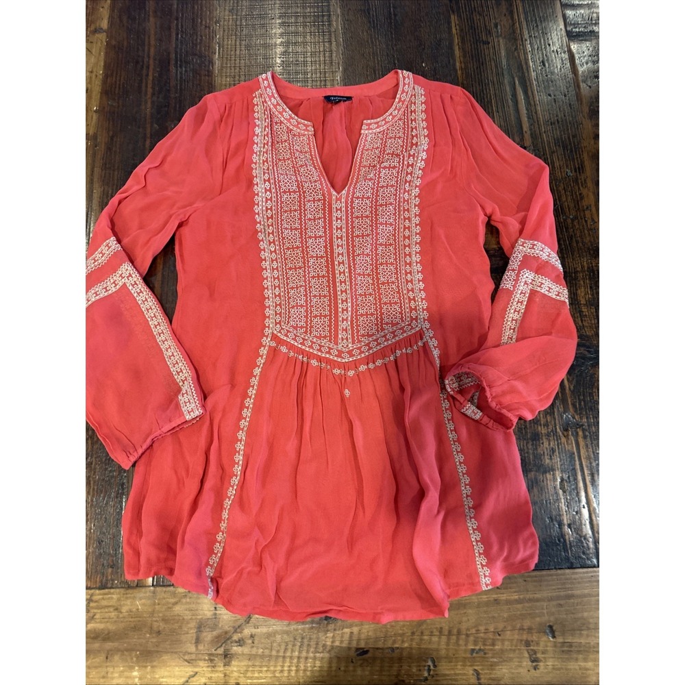 Tolani Women's Small 4/6 Lauren Long-Sleeve Embroidered Boho Blouse Coral Orange
